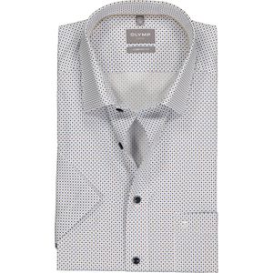 OLYMP comfort fit overhemd - korte mouw - popeline - wit met blauw en beige blokjes dessin - Strijkvrij - Boordmaat: 40