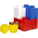LEGO Storage Opbergbox - 4 stuks - Brick 1 Rond Geel - Brick 1 Vierkant Wit - Brick 2 Rechthoek Blauw - Brick 4 Vierkant Rood - Kunststof - Stapelbaar -