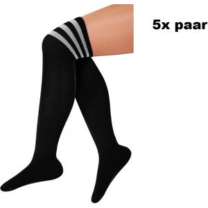 5x Paar Lange sokken zwart met witte strepen - maat 36-41 - Lieskousen - kniekousen overknee kousen sportsokken cheerleader carnaval voetbal hockey unisex festival