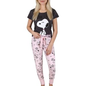 Snoopy Peanuts - Grijze en roze katoenen damespyjama met korte mouwen, lange broek / L