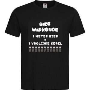 T-shirt Unisex Volwassenen Lol - carnaval - kermis - feestje - grappig - humor - Tekst ""Bier wiskunde 1 meter bier = 1 vrolijke kerel"" Op Voorkant | korte mouw | Zwart/wit | maat S