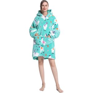 Alpaca fleece deken met mouwen en capuchon – fleece hoodie – fleece kleed met capuchon en mouwen – Draagbare deken - maat XS t/m XL – TV plaid met mouwen - 90 cm - chillen – relax outfit – mint - Badrock