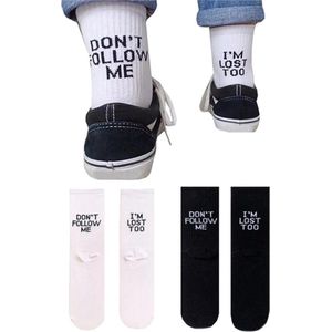 Set Sportsokken met Grappige Tekst: Don't Follow Me, I'm Lost Too - 2 paar Sokken maat 37-42 - Zwart & Wit