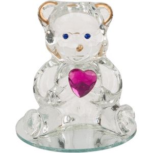 Lief decoratief Glazen beeldje - Beer met hartje Fuchsia roze