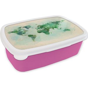 Broodtrommel Roze - Lunchbox - Brooddoos - Wereldkaart - Waterverf - Groen - 18x12x6 cm - Kinderen - Meisje