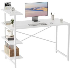Kleine bureau met plank, 120 x 60 cm, 3-laags plank, computerbureau, PC gamingtafel, eenvoudig te installeren bureau, stevige stalen framebureaus, wit/wit.