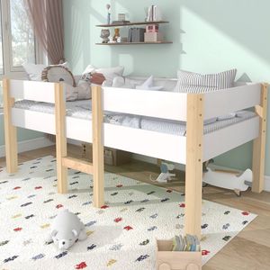KOMHTOM Kinderbed met valbescherming massief grenen 90x190 cm wit & eiken