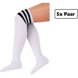 5x Paar Lange sokken wit met zwarte strepen - maat 36-41 - Lieskousen - kniekousen overknee kousen sportsokken cheerleader carnaval voetbal hockey unisex festival