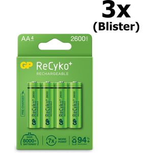 12 Stuks (3 Blisters a 4st) - GP Recyko+ 2700 Series AA/HR06 2600mah 1.2V NiMH Oplaadbare Batterijen