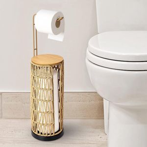 Vrijstaande Toiletrolhouder Opslag met Plank, Badkamer Toiletrolhouder, Staand, Boho Rotan Toiletpapieropslag, Zwarte Toiletpapierstandaard voor 4 Rollen Toiletpapier