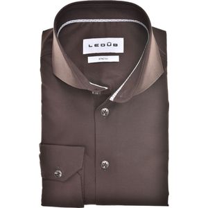 Ledub - Slim Fit Overhemd - Donkerbruin - Popeline - Strijkvriendelijk