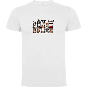 Wit T-Shirt met “Vrolijke honden - Kerst“ Print Full Color Maat L