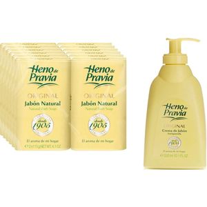 Voordeelset met 12 x Heno de Pravia Zeep á 115 gram + 1 x Heno de Pravia Vloeibare zeep 300ml met dispenser