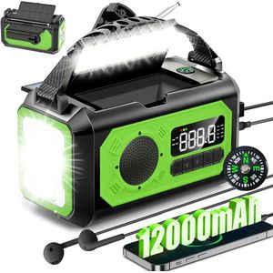 Draagbare noodradio - 12000mAh 2 zonnepaneelen Zonnesolar handkraan, AM/FM, telefoonlader, LED zaklamp, SOS-alarm, Geschikt voor kamperen, buiten, nood