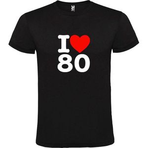 Zwart T shirt met  I love (hartje) the 80's (eighties)  print Wit en Rood size L