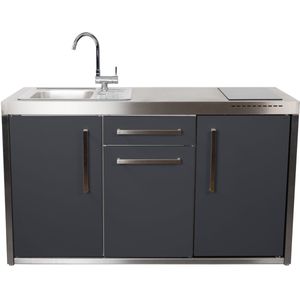Minikeuken BeNeLux Stengel MO150 S voorgemonteerde metalen outdoor keuken met koelkast - inductie kookplaat - water en electriciteits aansluiting inclusief alle toebehoren - Lei Grijs