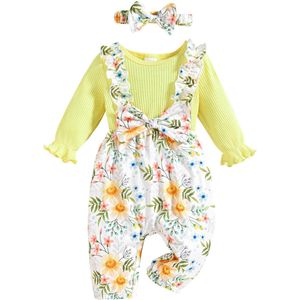Allecto Plus - Romper Bodysuit Jurk Bloemen Strikje Jumpsuit voor Baby Meisje - Ruffle Mouwen - Onesie Outfit Set