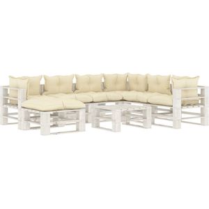 The Living Store Pallet loungeset - hoekbank - middenbank en tafel/hocker - grenenhout - crème en wit