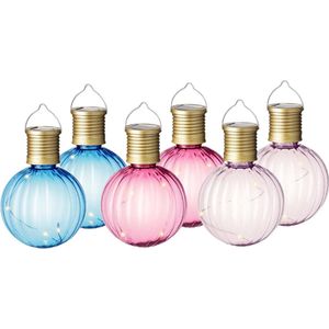 Set van 6x stuks buiten led lichtroze, blauwe en roze lampion solar verlichting 11 cm