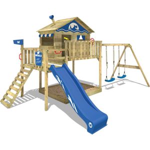 WICKEY speeltoestel klimtoestel Smart Coast met schommel & blauwe glijbaan, outdoor kinderspeeltoestel met zandbak, ladder & speelaccessoires voor in de tuin