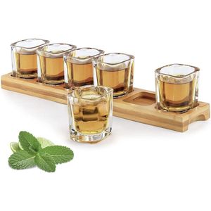 Shot Bril Set Houder en Shot Glazen Cups Bulk 60ml Set van 6 Cocktail Drankjes Serveerplank Organizer met Clear Crystal Glazen voor Liquor Shots Whisky Brandy Wodka Rum Home Party Bar