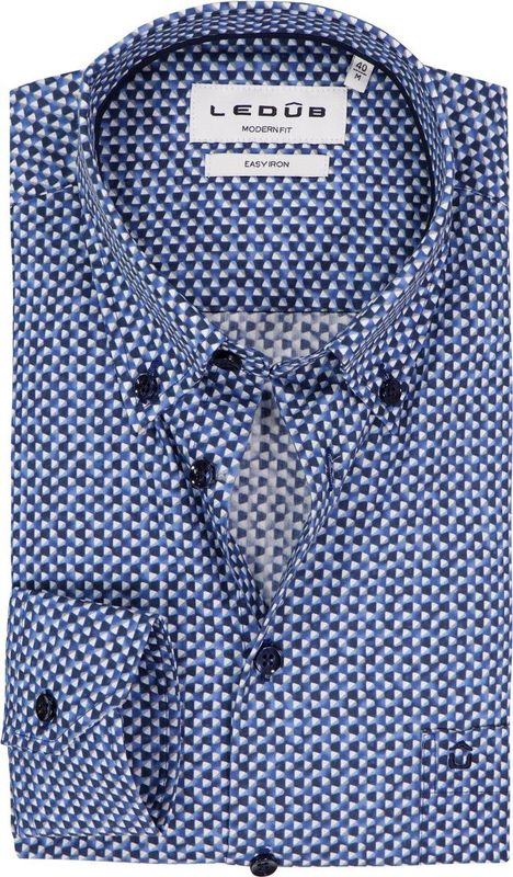 Ledub - Modern Fit Overhemd - Middenblauw Dessin - Popeline - Strijkvriendelijk