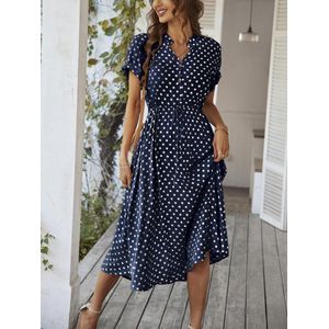 Zomerjurken met korte mouwen, V-hals, bloemenprint en zakken voor dames