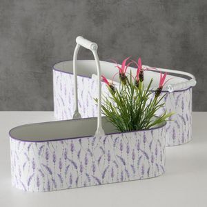 Leuke set van 2 plantenbakken wit metaal met fleurig bloemmotief Lavendel