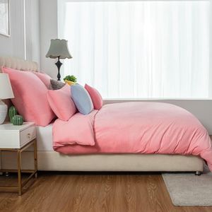 Winter flanellen beddengoed 155x220 - roze pluizig en warm kasjmier touch dekbedovertrek + kussensloop 80 x 80 cm met ritssluiting