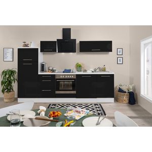Goedkope keuken 280  cm - complete keuken met apparatuur Amanda  - Wit/Zwart - soft close - keramische kookplaat - vaatwasser - afzuigkap - oven  - spoelbak