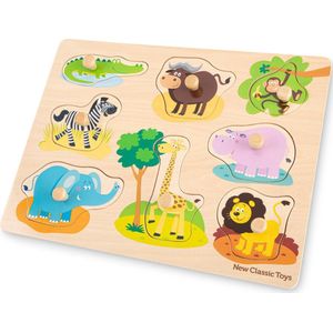 New Classic Toys - Houten Knoppuzzel - Safaridieren / Safari - Houten Puzzel met Knopjes - 8 Puzzelstukjes - FSC