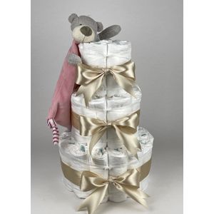 Chouette-Chouette | Luiertaart Meisje | Kraamcadeau | Geboorte Meisje | Babyshower | Knuffeldoek Beer Roze - Beige