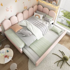 Sweiko Slaapbank - 90x200 cm - met Uitschuifbed - Kinderbed - Velvet - Zonder matras - Roze