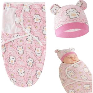 Baby Inbakerdeken met Hoedje – 100% Katoen – Roze met Witte Beertjes – 65×51 cm – Voor Pasgeborenen 0–6 Maanden – Ademend & Verstelbaar – Babydeken & Slapen Wrap Set