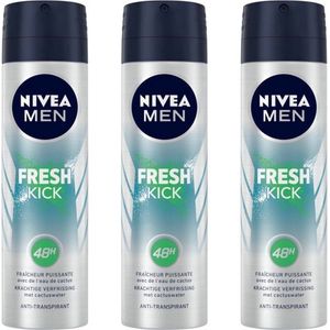 NIVEA MEN Fresh Kick Anti-Transpirant Spray - 3 x 150 ml - 48 uur bescherming - Met cactuswater - Alcoholvrij