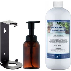Zeepdispenser 300 ml amber bruin hervulbaar + 1 liter Showergel Zen Moment navulling (inclusief beugel)