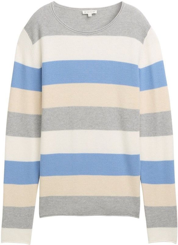 TOM TAILOR - Damestrui - Beige Blue Block Stripe - Katoen-Viscosemix