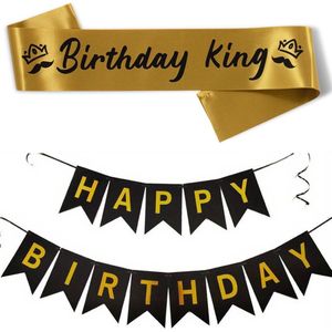 Sjerp en slinger set Happy Birthday King goud met zwart 2-delig - abraham - verjaardag - birthday - king - sjerp - slinger