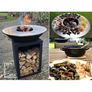 RJRoyal Living Plancha grill BBQ Amigo grillring met hoes en houtopslag vuurschaal rvs buitenkeuken grillring voor buiten 67x67x92cm