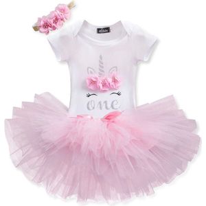 3 in 1 set Cakesmash outfit meisje - Eerste verjaardag Eenhoorn Jurk set - Babykleding - Roze Unicorn - 1 jaar
