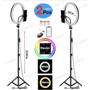 2x Selfie LED Ringlamp 33Cm met Statief 210 CM + Bluetooth afstandsbediening en Telefoonhouder - Smartphone Tripod - Ring Light - flitser - Studiolamp – CoolTech