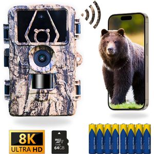 Professionele Wildcamera - 60 MP en 8K Ultra HD - Wildcamera met Nachtzicht en Wifi - Inclusief 8 Batterijen & 64GB SD Kaart - Met App - Nachtcamera - Wildcamera voor Buiten