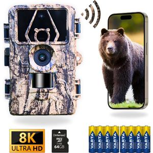 Professionele Wildcamera - 60 MP en 8K Ultra HD - Wildcamera met Nachtzicht en Wifi - Inclusief 8 Batterijen & 64GB SD Kaart - Met App - Nachtcamera - Wildcamera voor Buiten