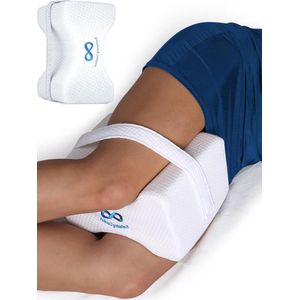 Dubbel gebogen traagschuim kniekussen - Ergonomisch kussen met afneembare riem voor zijslapers - Ondersteuning bij knie, been, onderrug, ischias en heuppijn