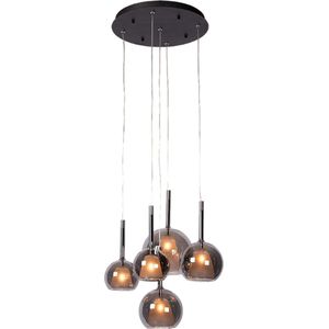 Atmooz - Hanglamp Saigon 5 - Vijf lampen - Glazen kappen - Zwart - Eye-catcher - Rookgrijs - Woonkamer / Eetkamer