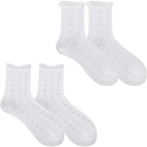 Inovra Plus - Witte katoenen ruches sokken met kantpatroon voor prinsessen - 2 paar