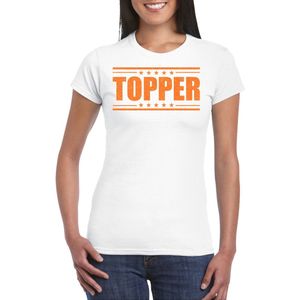Bellatio Decorations Verkleed T-shirt voor dames - topper - wit - oranje glitters - feestkleding L