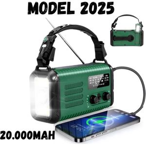 Noodradio - Solar Opwindbaar 20.000mAh - MODEL 2025 - Solar powerbank Zonneenergie - Survival Noodpakket - Zaklamp Oplaadbaar - Noodpakket – Noodrantsoen - Groen