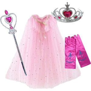 Prinsessenjurk meisje Roze Glitter - Roze Jurk + Kroon + Toverstaf + Handschoenen - Prinses