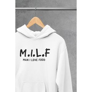 Hoodie - MILF- Wurban Wear | Grappige hoodie | Leuk cadeau | Unisex hoodie | Meme | Meme kleding | Viespeuk | Grappige kleding | Grappige trui | Dubbelzinnige kleding | Wit